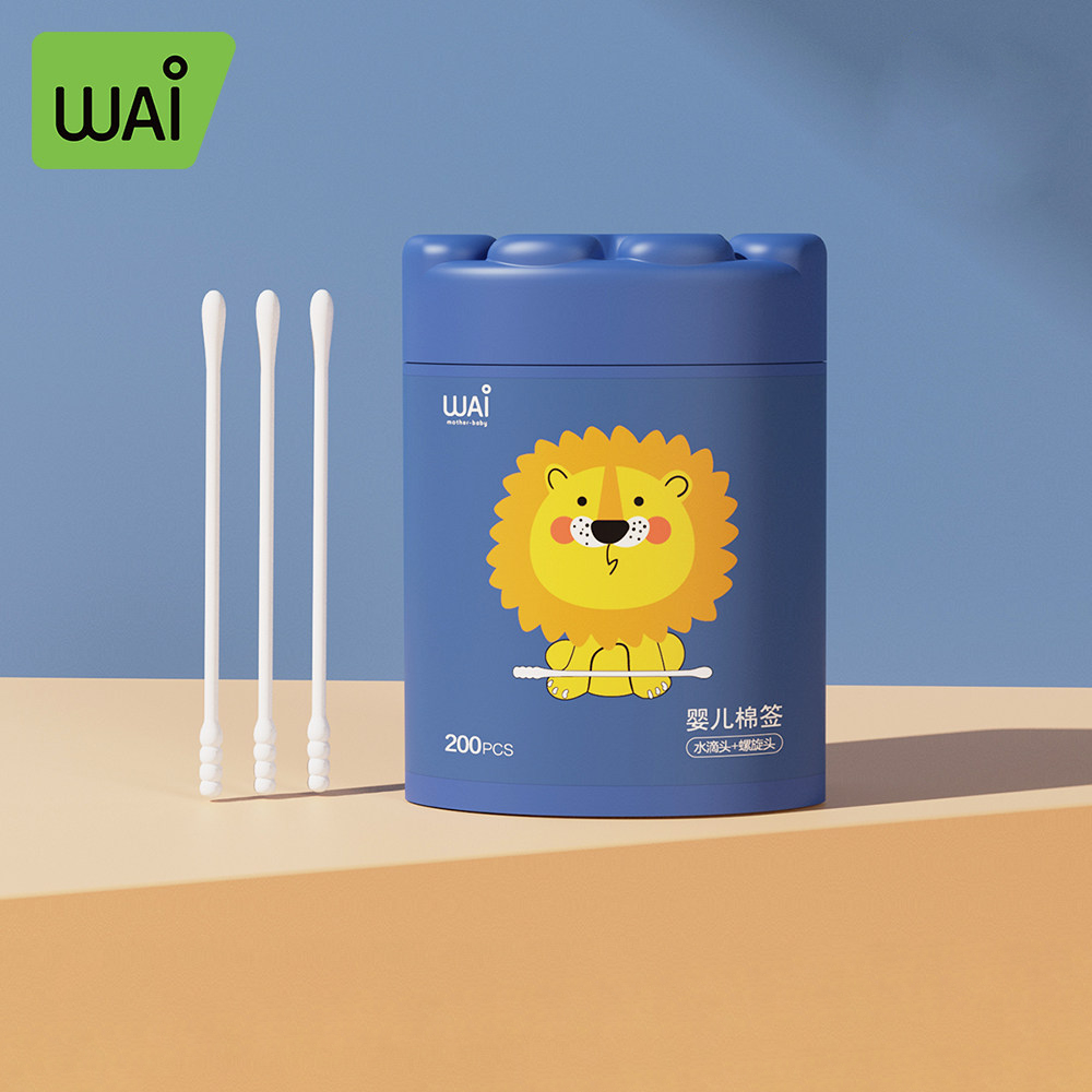 Hộp 200 tăm bông 2 đầu cho bé sơ sinh WAI bông cotton tự nhiên 5 lớp, trục giấy nguyên sinh, đầu bông nhỏ 3mm, vệ sinh tai mũi rốn cho bé