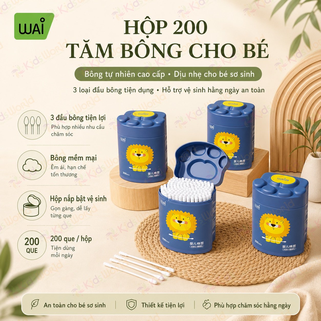 Hộp 200 tăm bông 2 đầu cho bé sơ sinh WAI bông cotton tự nhiên 5 lớp, trục giấy nguyên sinh, đầu bông nhỏ 3mm, vệ sinh tai mũi rốn cho bé