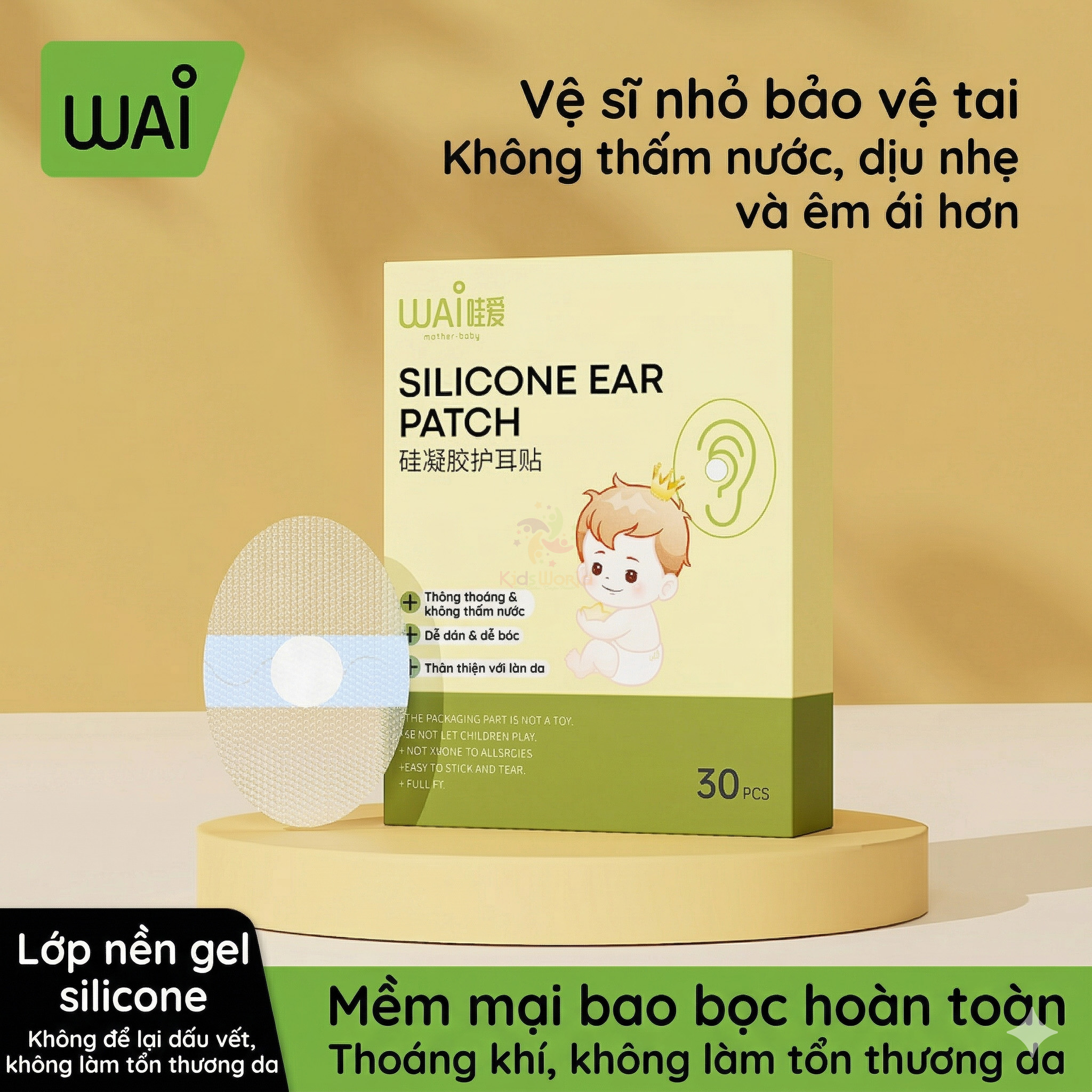 Hộp 30 miếng dán tai chống nước cho bé Wai Silicone Ear Patch bảo vệ toàn diện, êm ái như da thật