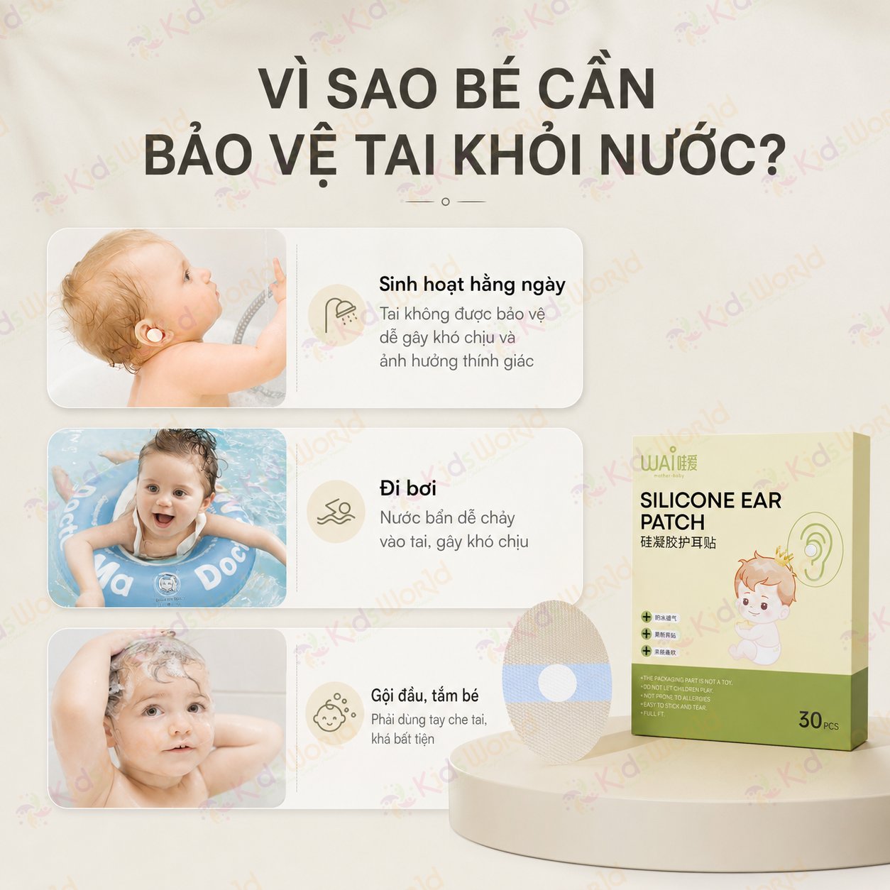Hộp 30 miếng dán tai chống nước WAI Silicone Ear Patch 30 cho bé từ sơ sinh, bảo vệ tai khi tắm gội, bơi lội, gội đầu, êm da dễ gỡ