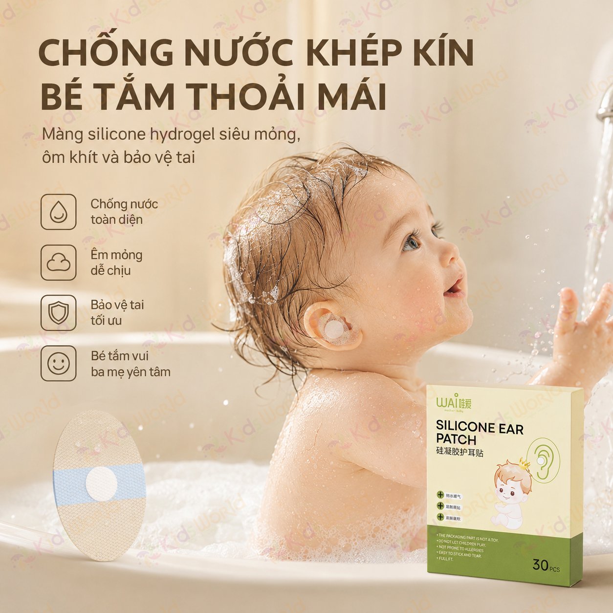 Hộp 30 miếng dán tai chống nước WAI Silicone Ear Patch 30 cho bé từ sơ sinh, bảo vệ tai khi tắm gội, bơi lội, gội đầu, êm da dễ gỡ