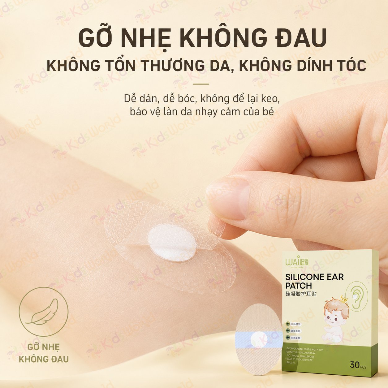 Hộp 30 miếng dán tai chống nước WAI Silicone Ear Patch 30 cho bé từ sơ sinh, bảo vệ tai khi tắm gội, bơi lội, gội đầu, êm da dễ gỡ