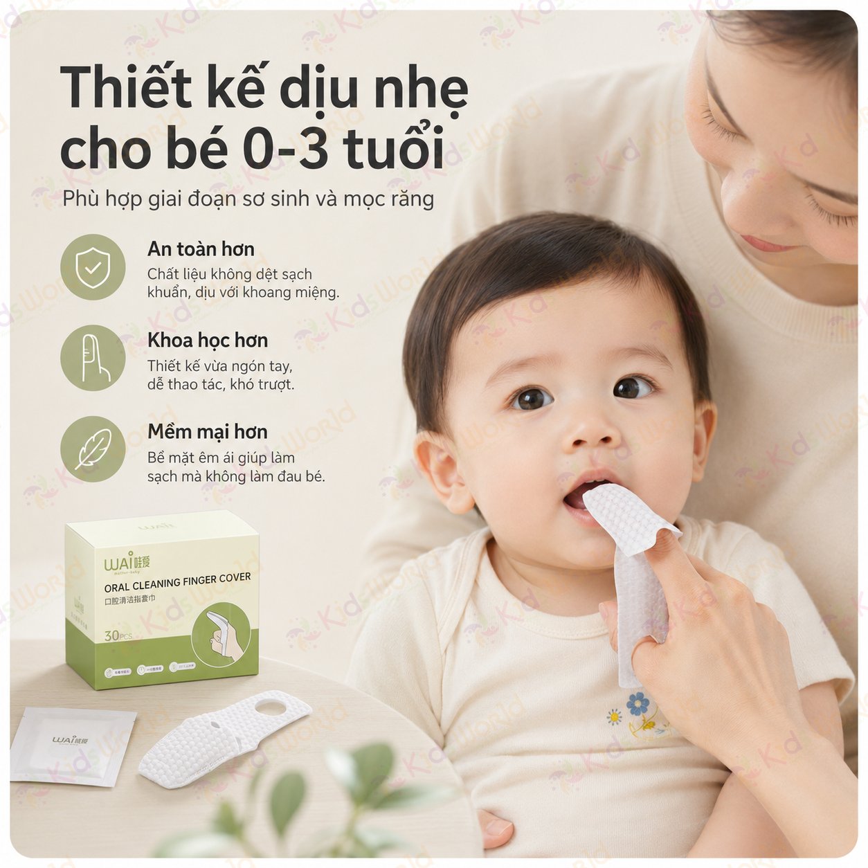 Hộp 30 miếng rơ lưỡi dùng 1 lần WAI Oral Cleaning Finger Cover vệ sinh răng miệngcho bé , vải không dệt tiệt trùng, làm sạch lưỡi răng nướu cho trẻ từ 1 tháng tuổi