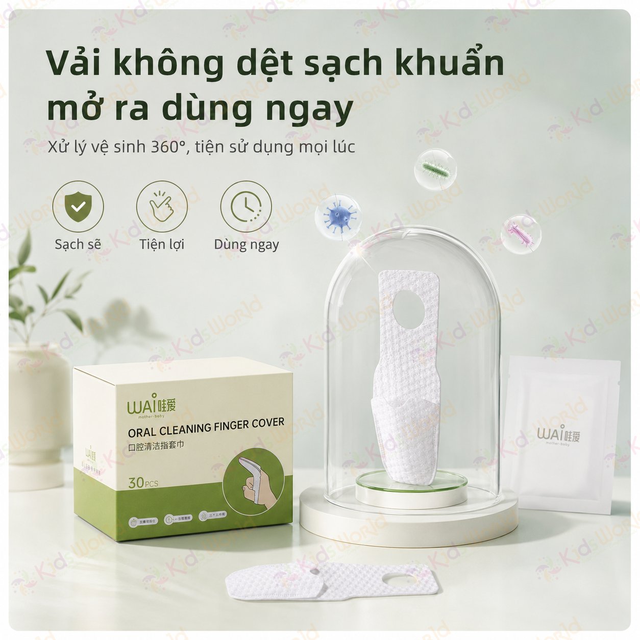 Hộp 30 miếng rơ lưỡi dùng 1 lần WAI Oral Cleaning Finger Cover vệ sinh răng miệngcho bé , vải không dệt tiệt trùng, làm sạch lưỡi răng nướu cho trẻ từ 1 tháng tuổi