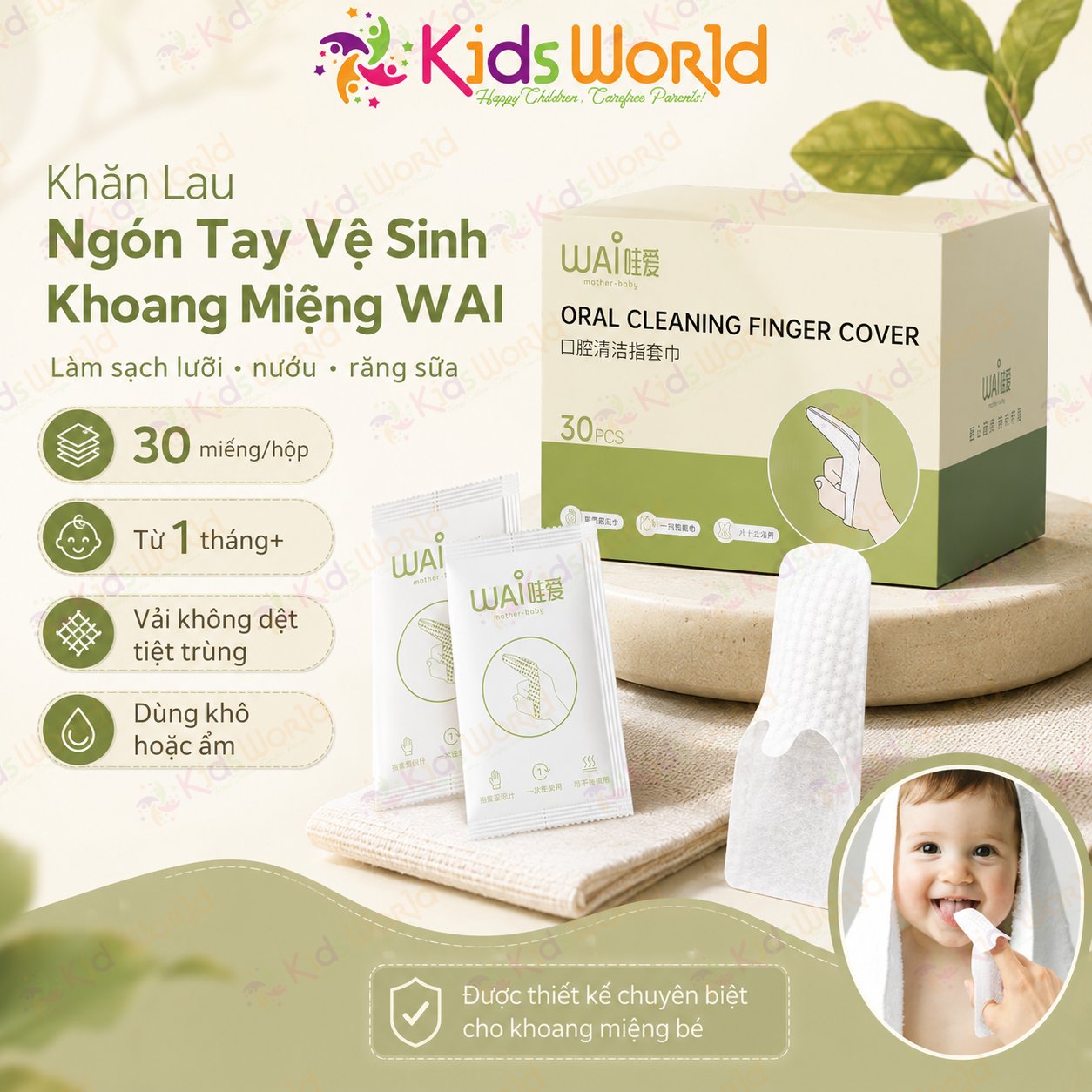 Hộp 30 miếng rơ lưỡi dùng 1 lần WAI Oral Cleaning Finger Cover vệ sinh răng miệngcho bé , vải không dệt tiệt trùng, làm sạch lưỡi răng nướu cho trẻ từ 1 tháng tuổi