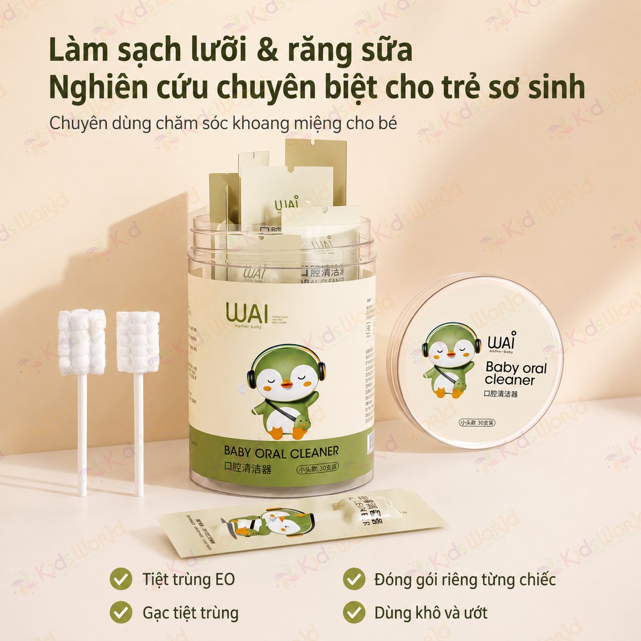 Hộp 30 que gạc rơ lưỡi vệ sinh lưỡi & răng sữa cho bé từ sơ sinh WAI Baby Oral Cleaner đóng gói riêng từng que