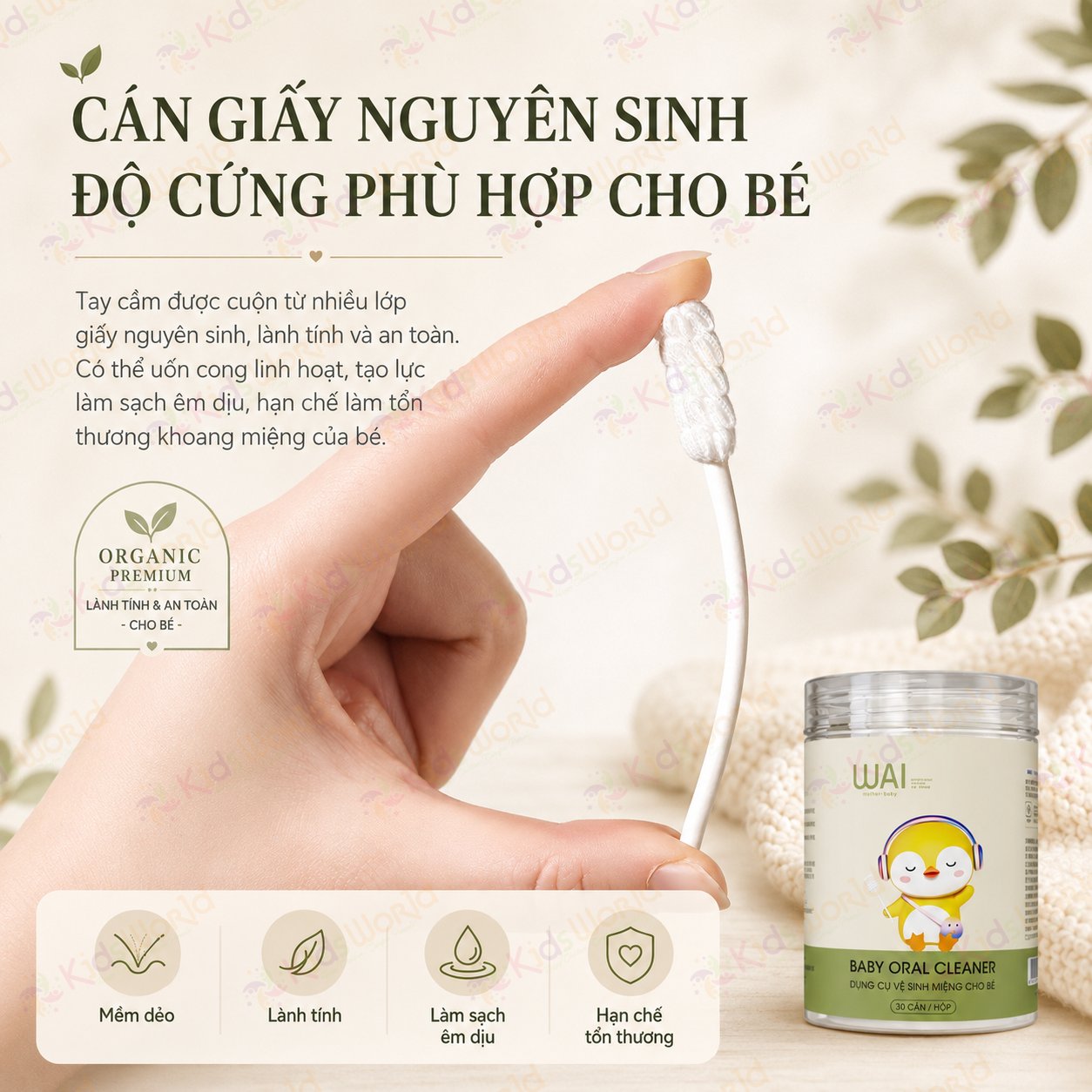 Hộp 30 que gạc rơ lưỡi vệ sinh lưỡi & răng sữa cho bé từ sơ sinh WAI Baby Oral Cleaner đóng gói riêng từng que