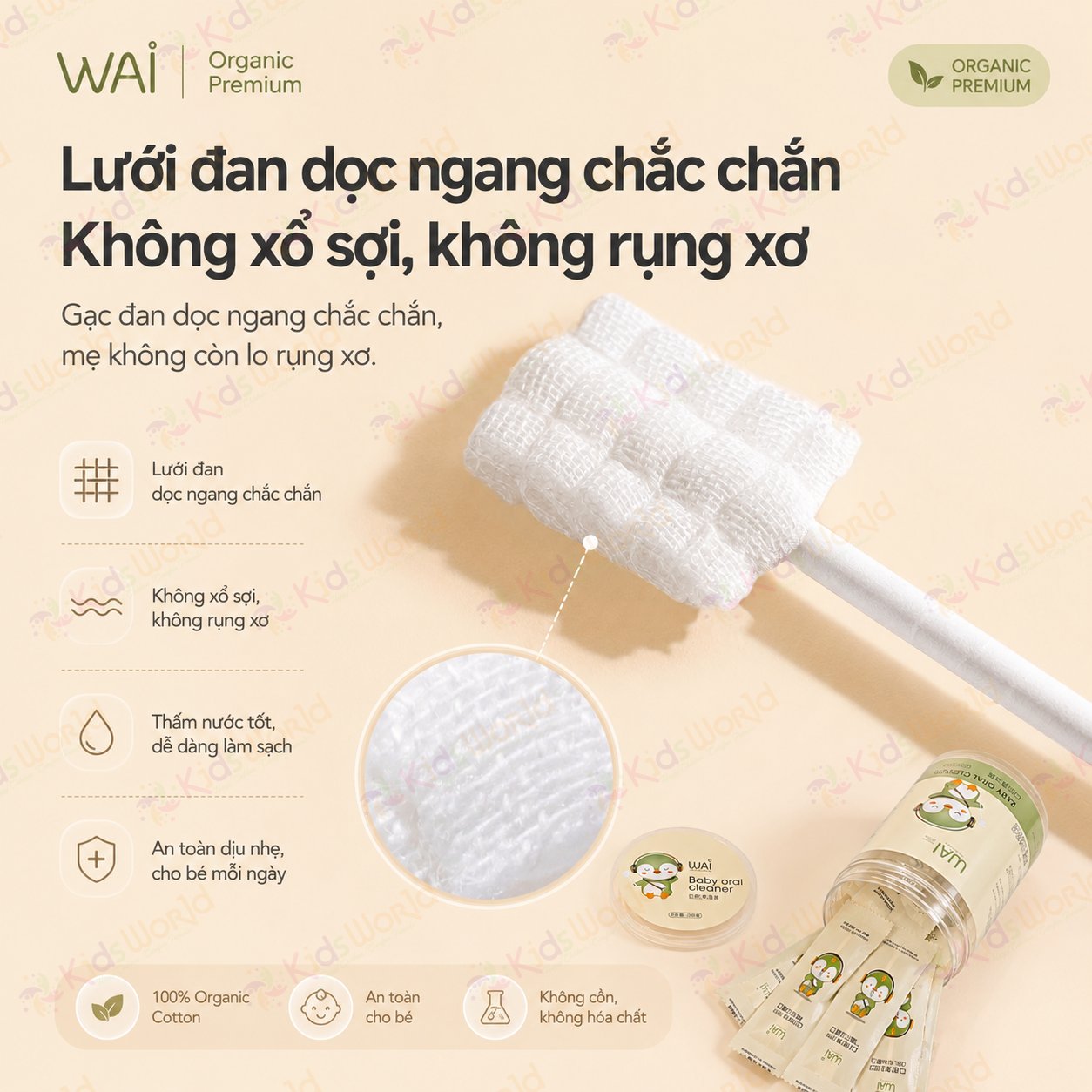 Hộp 30 que gạc rơ lưỡi vệ sinh lưỡi & răng sữa cho bé từ sơ sinh WAI Baby Oral Cleaner đóng gói riêng từng que
