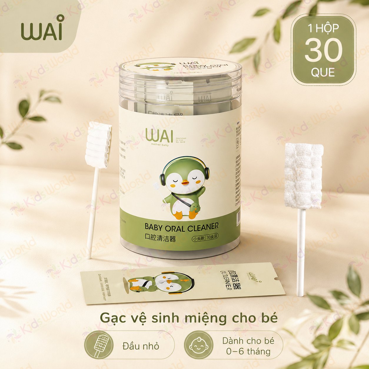 Hộp 30 que gạc rơ lưỡi vệ sinh lưỡi & răng sữa cho bé từ sơ sinh WAI Baby Oral Cleaner đóng gói riêng từng que