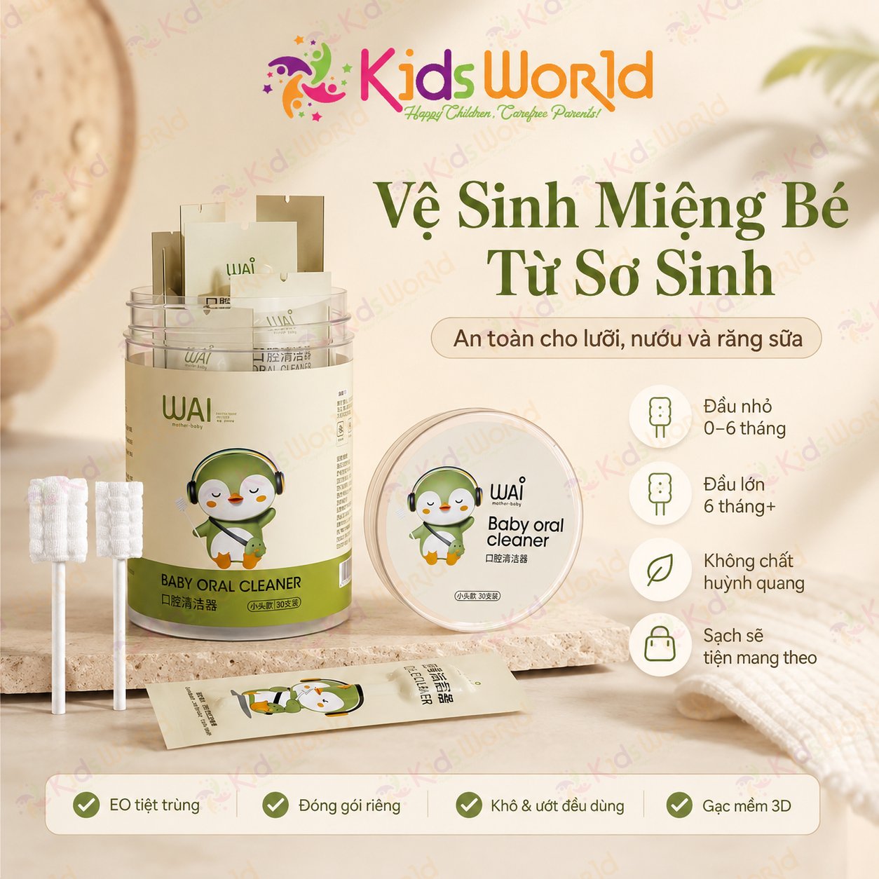 Hộp 30 que gạc rơ lưỡi vệ sinh lưỡi & răng sữa cho bé từ sơ sinh WAI Baby Oral Cleaner đóng gói riêng từng que