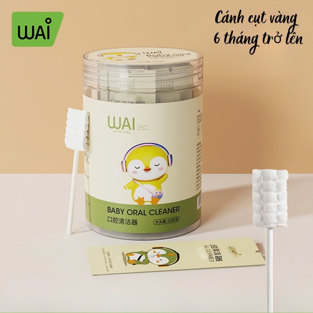 Hôp 30 que tưa lưỡi rơ lưỡi WAI hình chim cánh cụt vệ sinh răng miệng cho bé từ sơ sinh