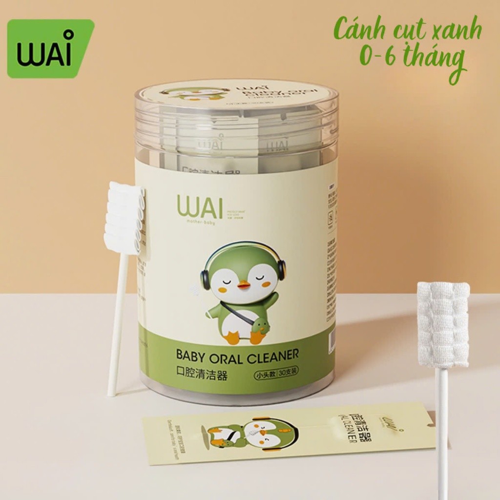 Hôp 30 que tưa lưỡi rơ lưỡi WAI hình chim cánh cụt vệ sinh răng miệng cho bé từ sơ sinh
