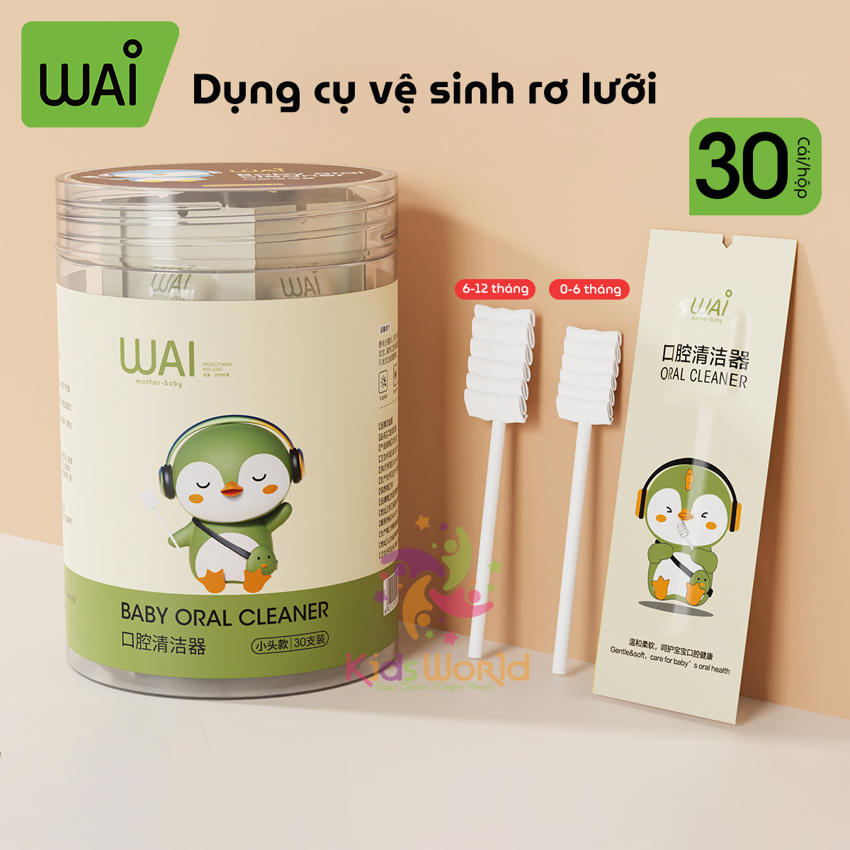 Hôp 30 que tưa lưỡi rơ lưỡi WAI hình chim cánh cụt vệ sinh răng miệng cho bé từ sơ sinh