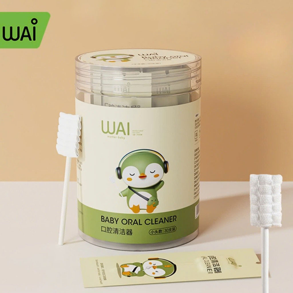Hôp 30 que tưa lưỡi rơ lưỡi WAI hình chim cánh cụt vệ sinh răng miệng cho bé từ sơ sinh