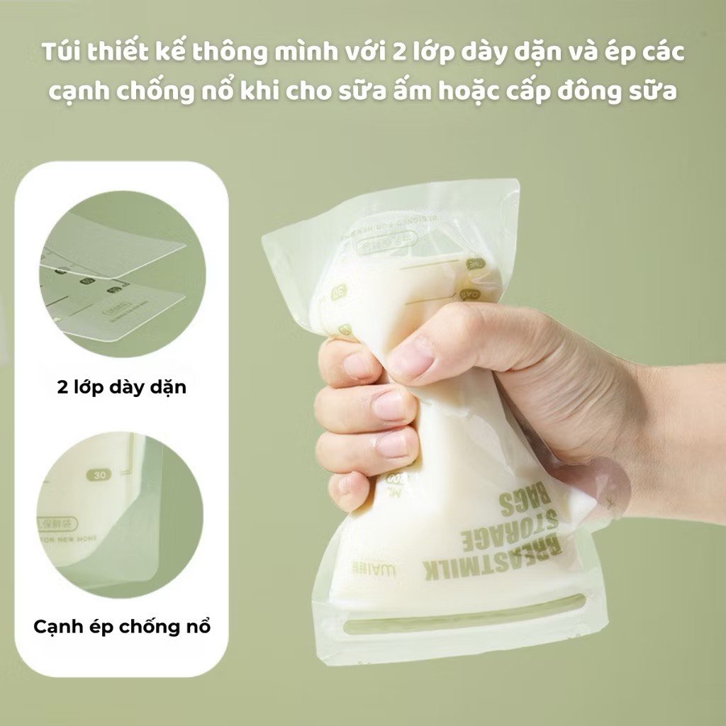 Túi trữ sữa mẹ WAI Breastmilk Storage Bag hộp 30 túi dung tích 100ml, 150ml, 200ml thiết kế vòi rót an toàn tiện lợi