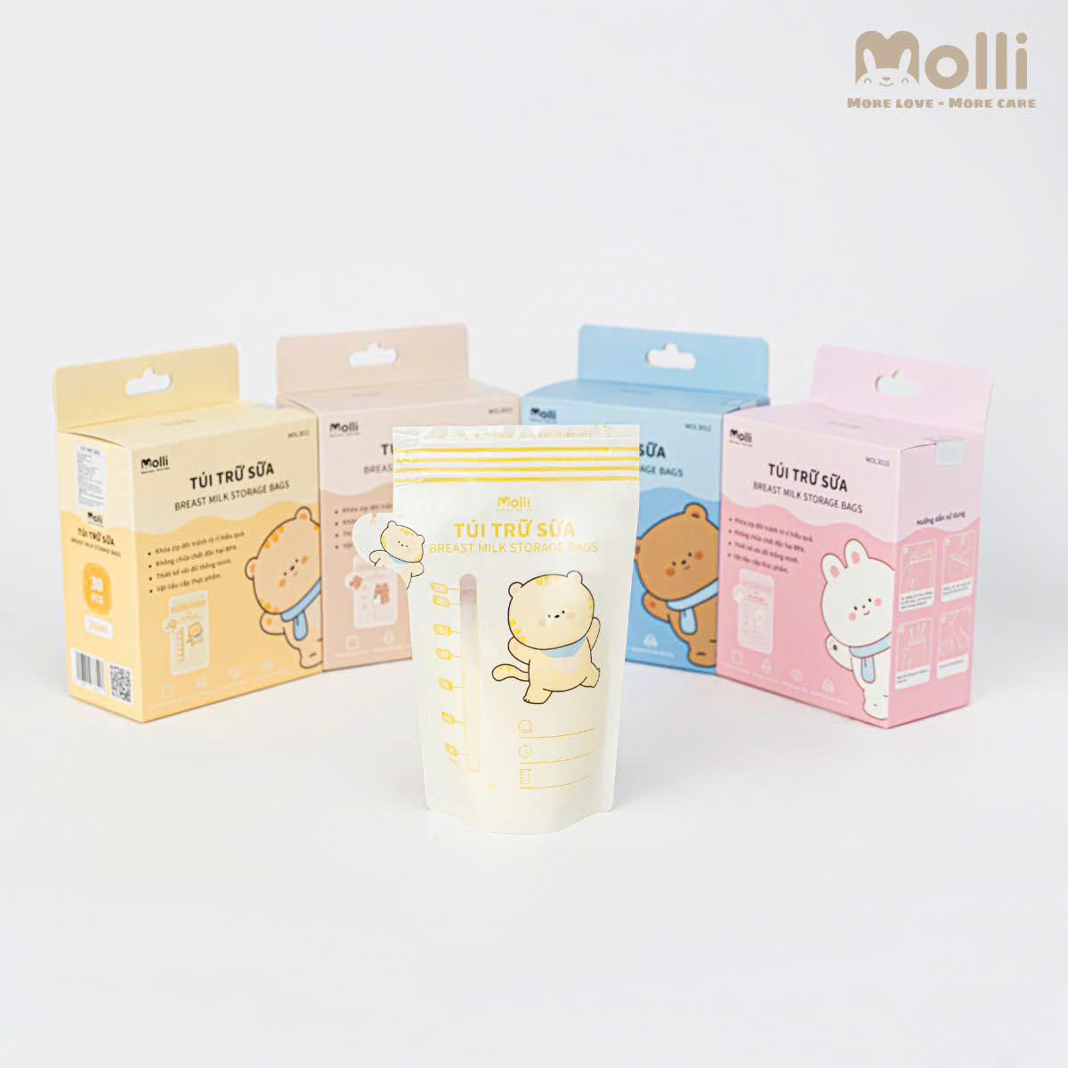 Hộp 30 túi trữ sữa mẹ Molli 4 size 100ml 150ml 200ml 250ml hình thú xinh xắn cho bé với khóa zip đôi, vòi đổ thông minh