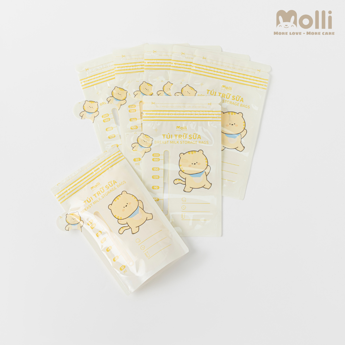 Hộp 30 túi trữ sữa mẹ Molli 4 size 100ml 150ml 200ml 250ml hình thú xinh xắn cho bé với khóa zip đôi, vòi đổ thông minh
