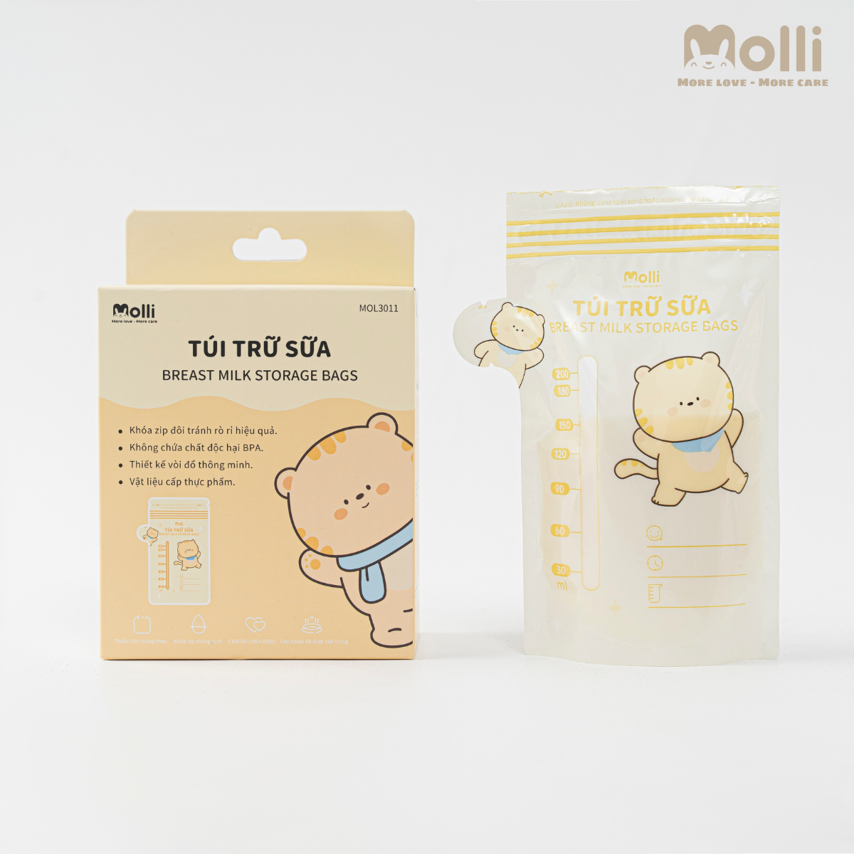 Hộp 30 túi trữ sữa mẹ Molli 4 size 100ml 150ml 200ml 250ml hình thú xinh xắn cho bé với khóa zip đôi, vòi đổ thông minh