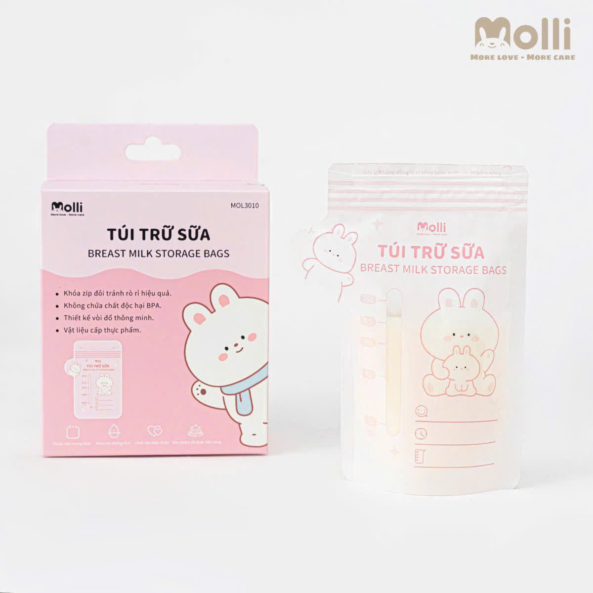 Hộp 30 túi trữ sữa mẹ Molli 4 size 100ml 150ml 200ml 250ml hình thú xinh xắn cho bé với khóa zip đôi, vòi đổ thông minh