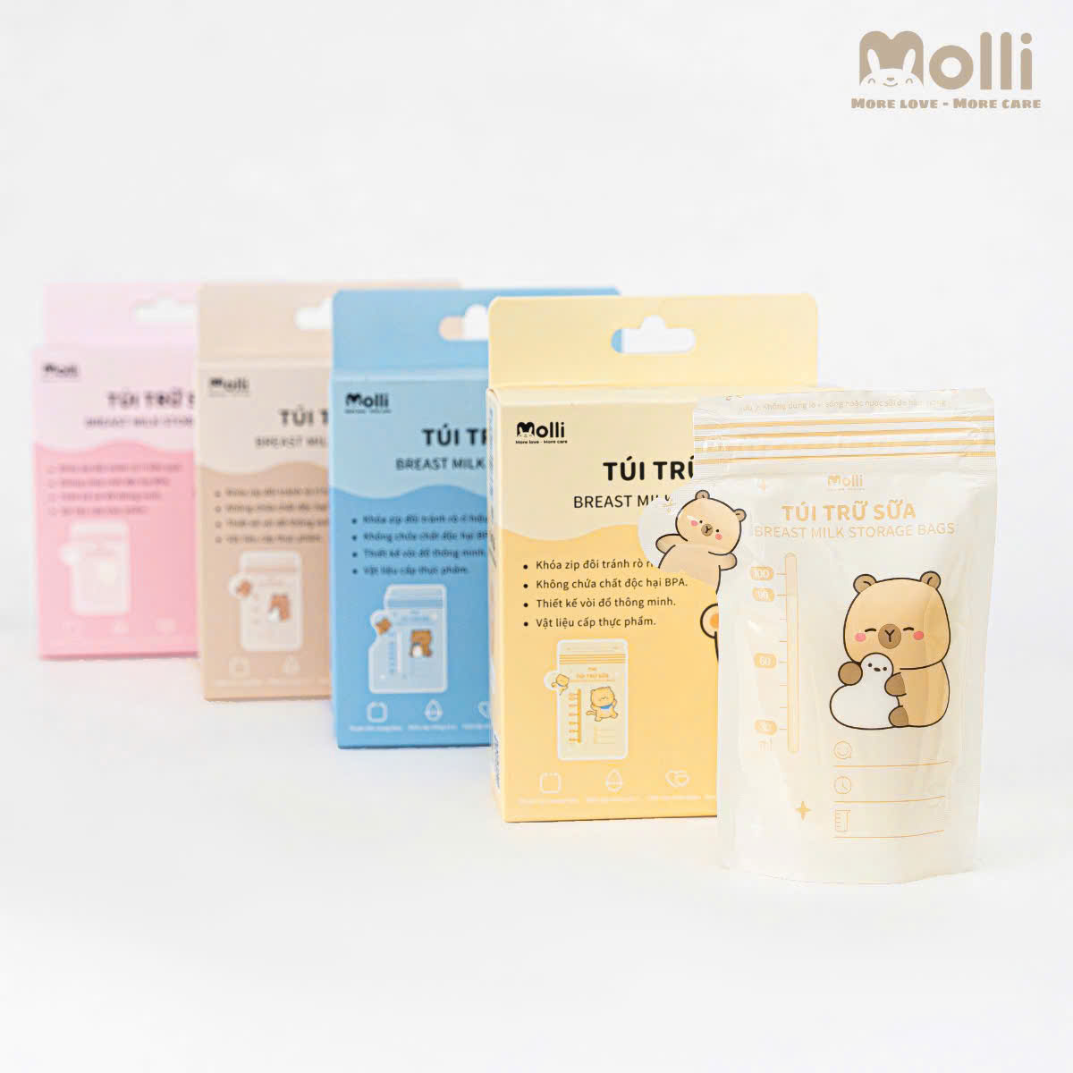 Hộp 30 túi trữ sữa mẹ Molli 4 size 100ml 150ml 200ml 250ml hình thú xinh xắn cho bé với khóa zip đôi, vòi đổ thông minh