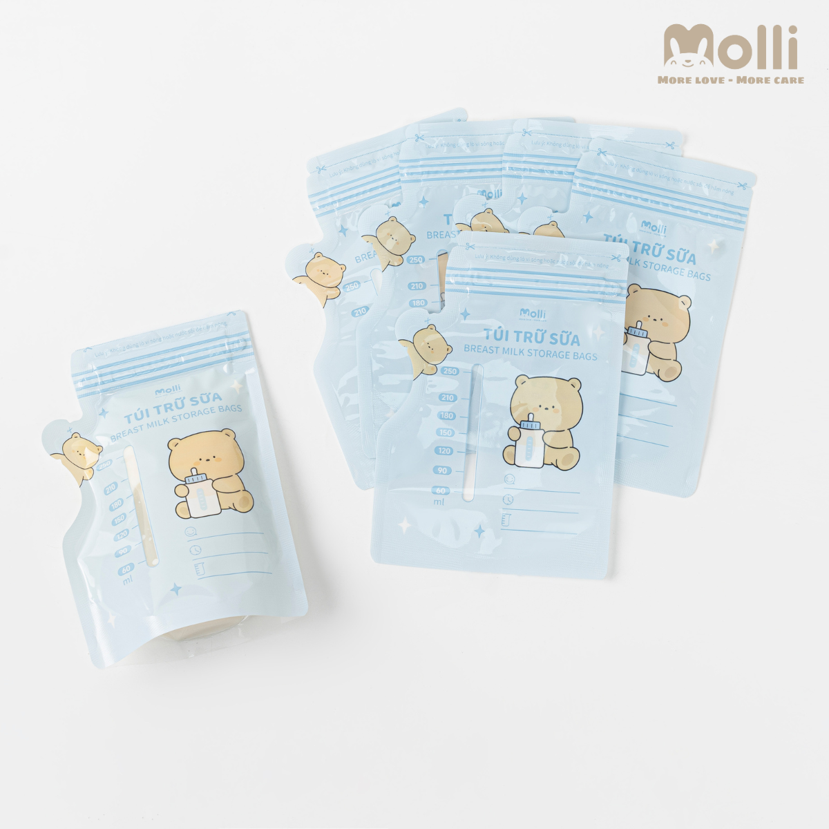 Hộp 30 túi trữ sữa mẹ Molli 4 size 100ml 150ml 200ml 250ml hình thú xinh xắn cho bé với khóa zip đôi, vòi đổ thông minh