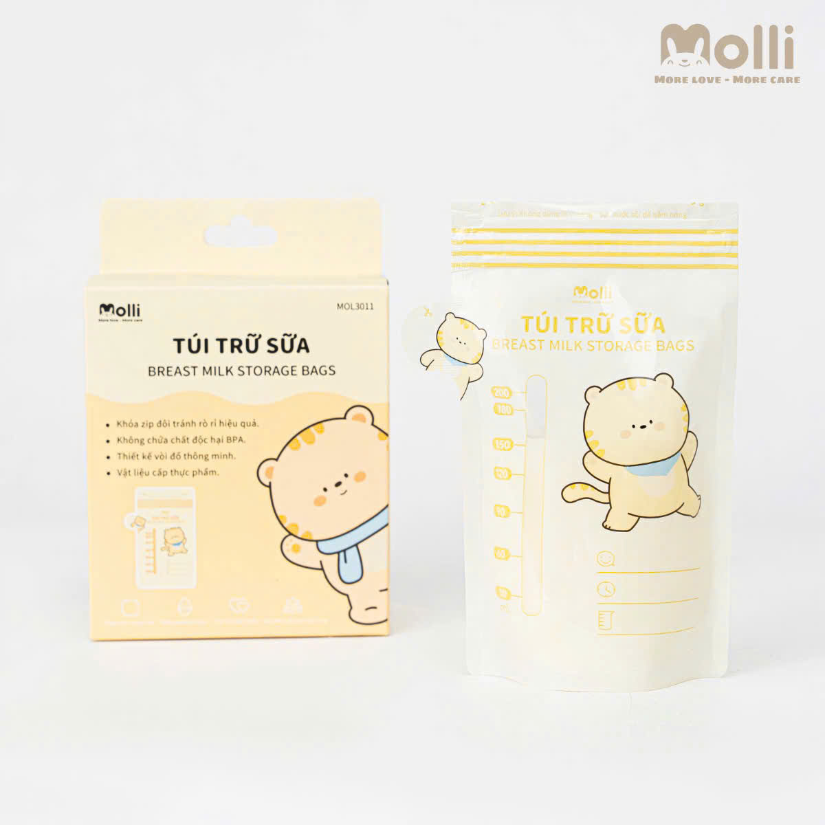 Hộp 30 túi trữ sữa mẹ Molli 4 size 100ml 150ml 200ml 250ml hình thú xinh xắn cho bé với khóa zip đôi, vòi đổ thông minh