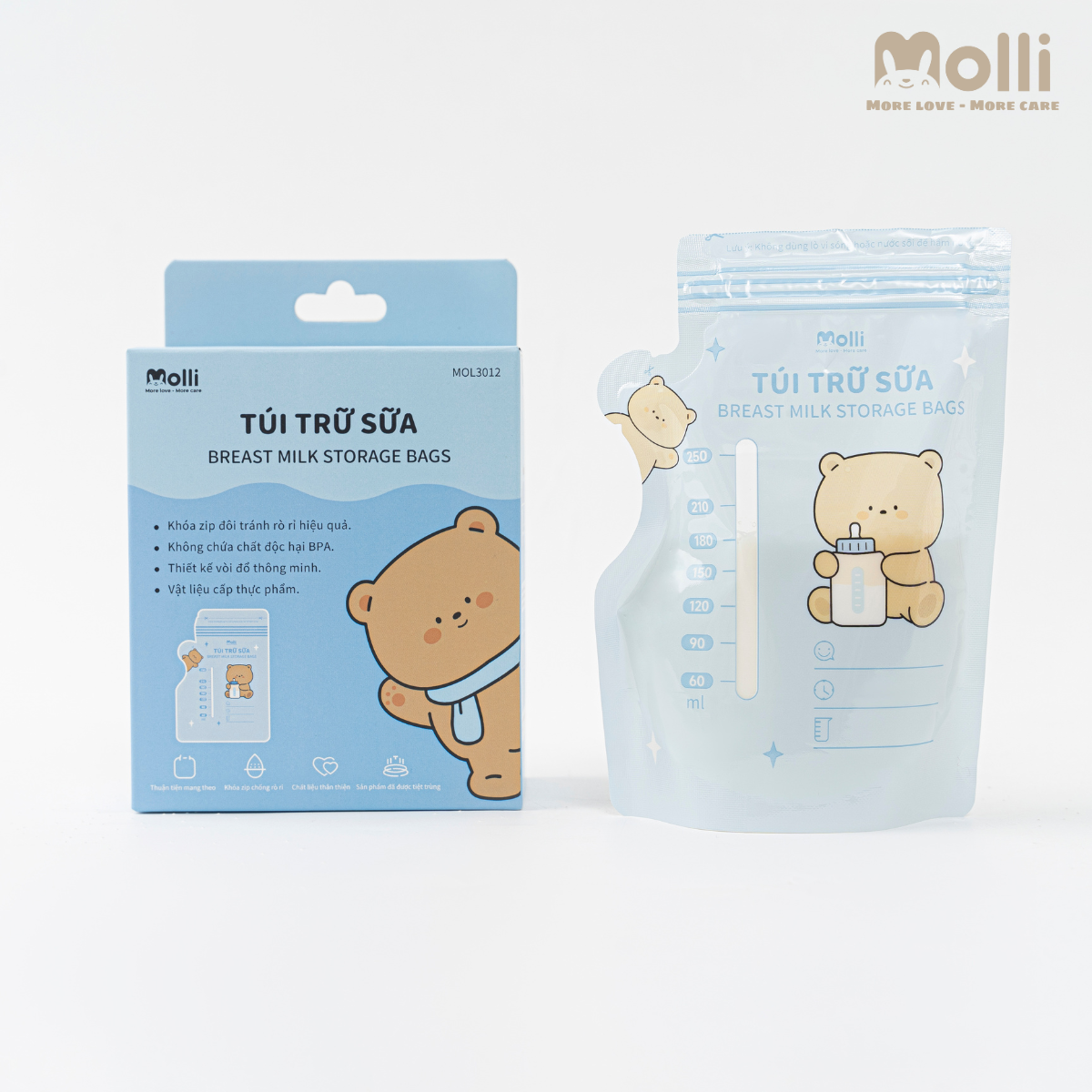Hộp 30 túi trữ sữa mẹ Molli 4 size 100ml 150ml 200ml 250ml hình thú xinh xắn cho bé với khóa zip đôi, vòi đổ thông minh