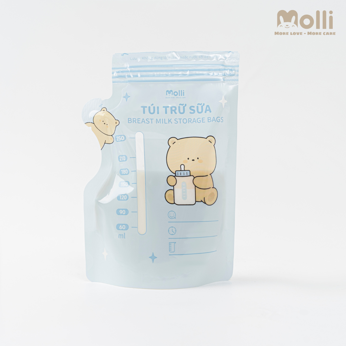 Hộp 30 túi trữ sữa mẹ Molli 4 size 100ml 150ml 200ml 250ml hình thú xinh xắn cho bé với khóa zip đôi, vòi đổ thông minh