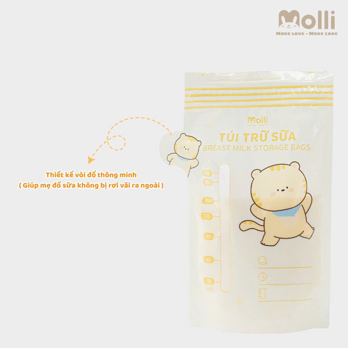 Hộp 30 túi trữ sữa mẹ Molli 4 size 100ml 150ml 200ml 250ml hình thú xinh xắn cho bé với khóa zip đôi, vòi đổ thông minh
