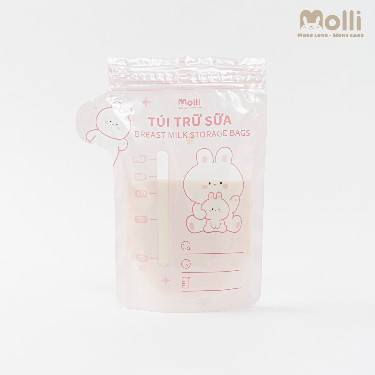 Hộp 30 túi trữ sữa mẹ Molli 4 size 100ml 150ml 200ml 250ml hình thú xinh xắn cho bé với khóa zip đôi, vòi đổ thông minh