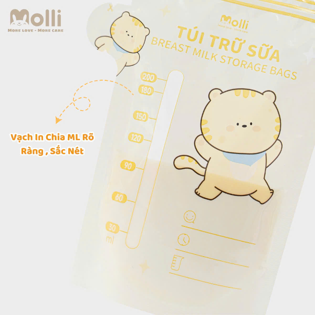 Hộp 30 túi trữ sữa mẹ Molli 4 size 100ml 150ml 200ml 250ml hình thú xinh xắn cho bé với khóa zip đôi, vòi đổ thông minh