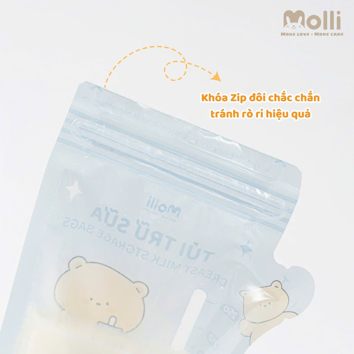 Hộp 30 túi trữ sữa mẹ Molli 4 size 100ml 150ml 200ml 250ml hình thú xinh xắn cho bé với khóa zip đôi, vòi đổ thông minh