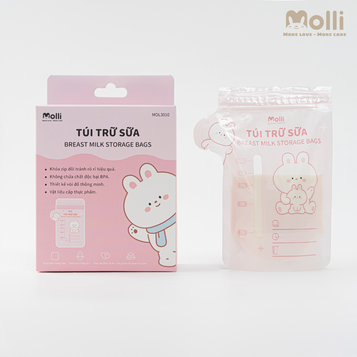 Hộp 30 túi trữ sữa mẹ Molli 4 size 100ml 150ml 200ml 250ml hình thú xinh xắn cho bé với khóa zip đôi, vòi đổ thông minh