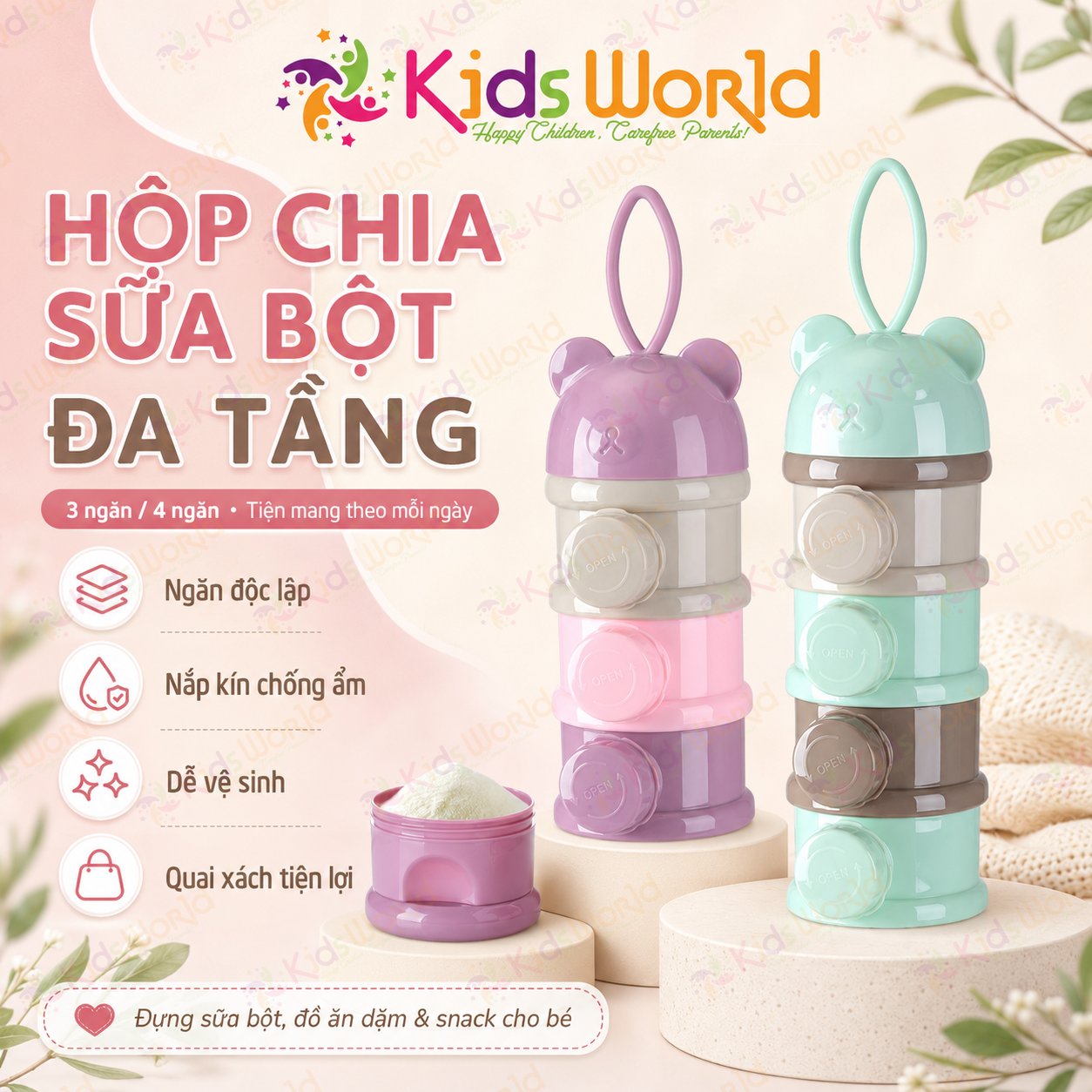 Hộp chia sữa bột đựng sữa bột cho bé hình gấu 3 ngăn 4 ngăn có quai cầm, chất liệu PP an toàn, chống ẩm, chống lẫn mùi, tiện mang theo khi ra ngoài