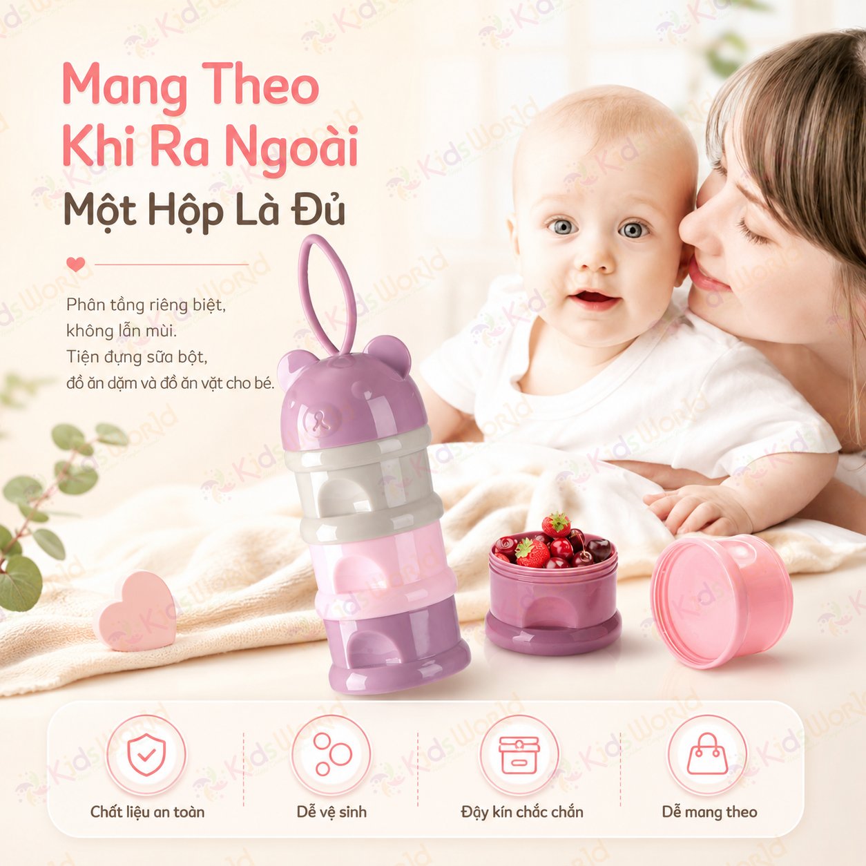 Hộp chia sữa bột đựng sữa bột cho bé hình gấu 3 ngăn 4 ngăn có quai cầm, chất liệu PP an toàn, chống ẩm, chống lẫn mùi, tiện mang theo khi ra ngoài