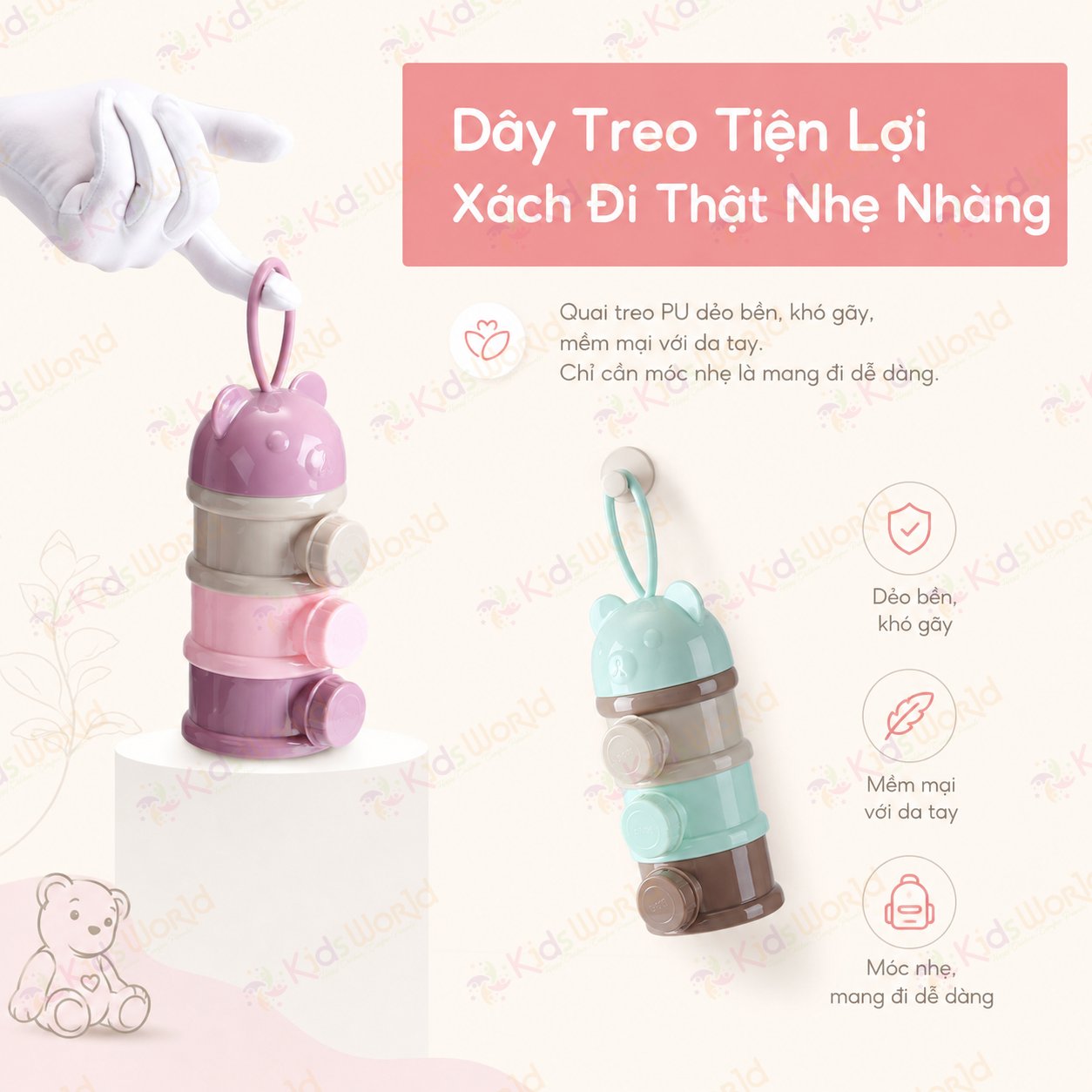 Hộp chia sữa bột đựng sữa bột cho bé hình gấu 3 ngăn 4 ngăn có quai cầm, chất liệu PP an toàn, chống ẩm, chống lẫn mùi, tiện mang theo khi ra ngoài