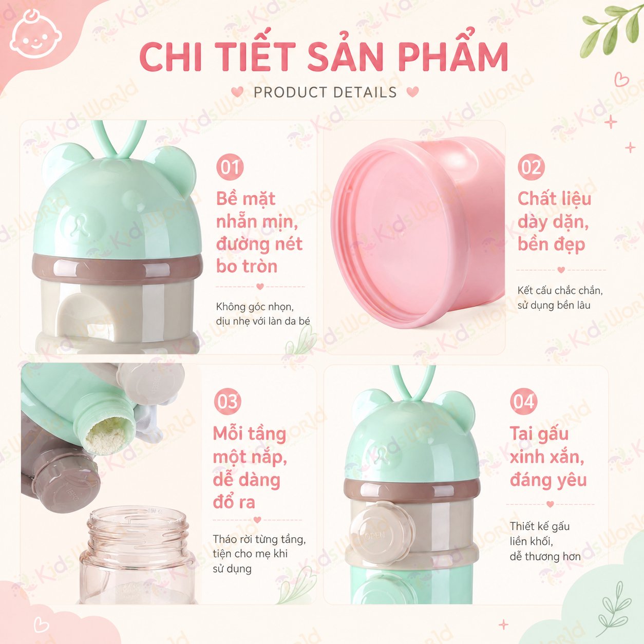 Hộp chia sữa bột đựng sữa bột cho bé hình gấu 3 ngăn 4 ngăn có quai cầm, chất liệu PP an toàn, chống ẩm, chống lẫn mùi, tiện mang theo khi ra ngoài