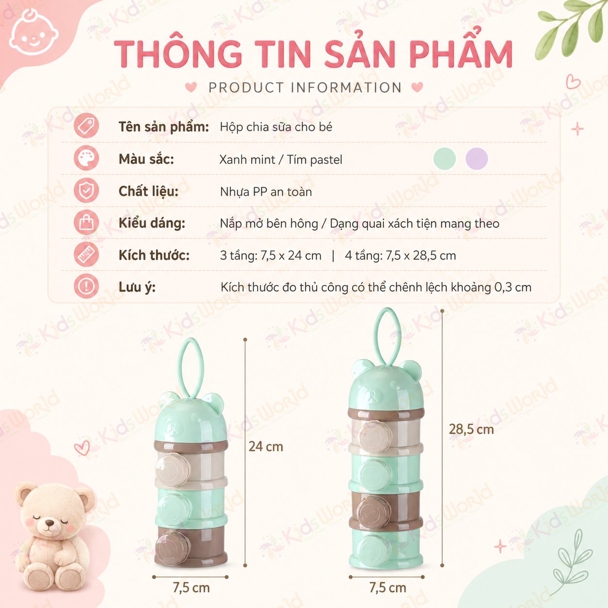 Hộp chia sữa bột đựng sữa bột cho bé hình gấu 3 ngăn 4 ngăn có quai cầm, chất liệu PP an toàn, chống ẩm, chống lẫn mùi, tiện mang theo khi ra ngoài