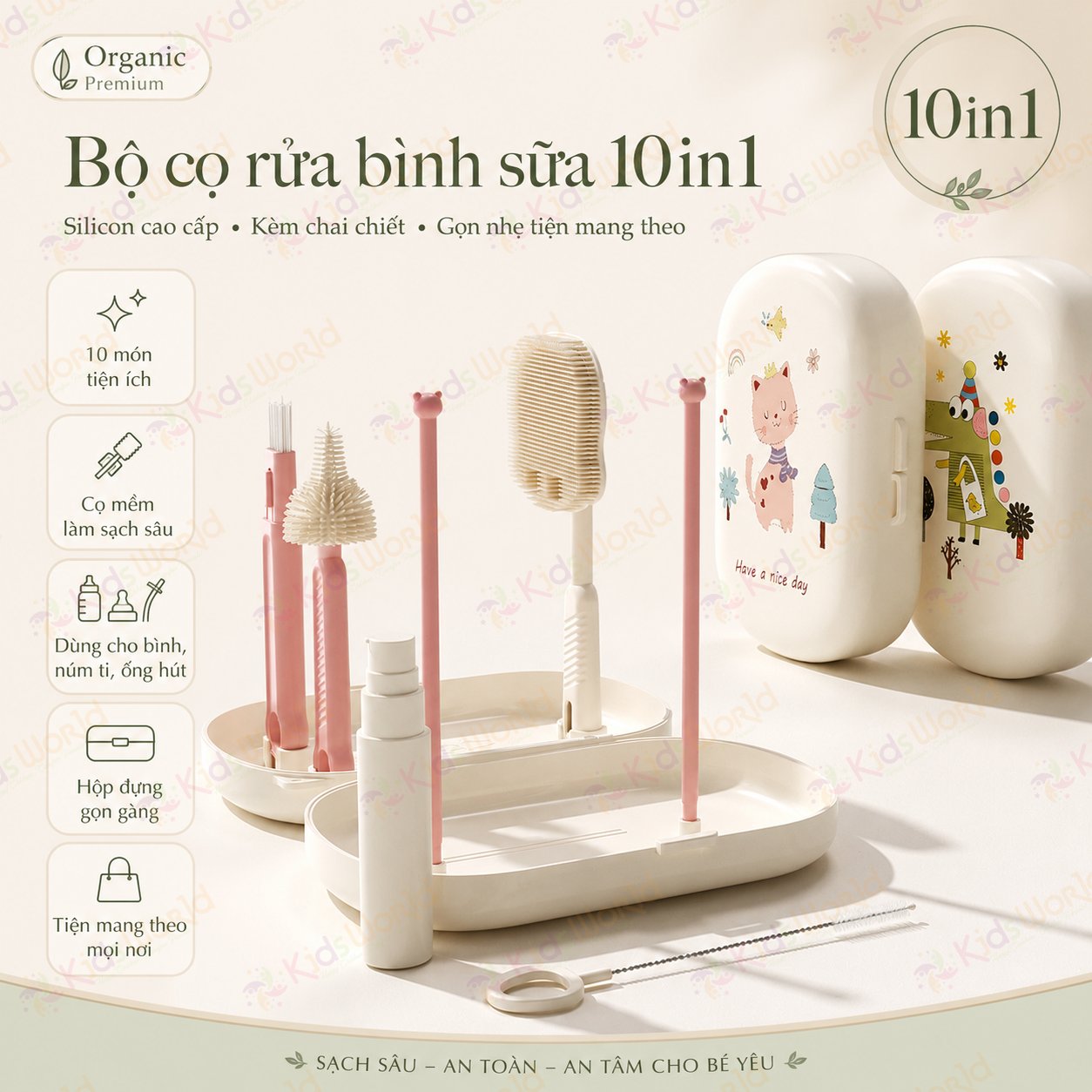 Hộp cọ rửa bình sữa 10in1 silicone cao cấp đa năng, tiện mang theo, tặng kèm chai chiết nước rửa bình, dùng cho bình sữa,núm ti, ống hút,cốc tập uống