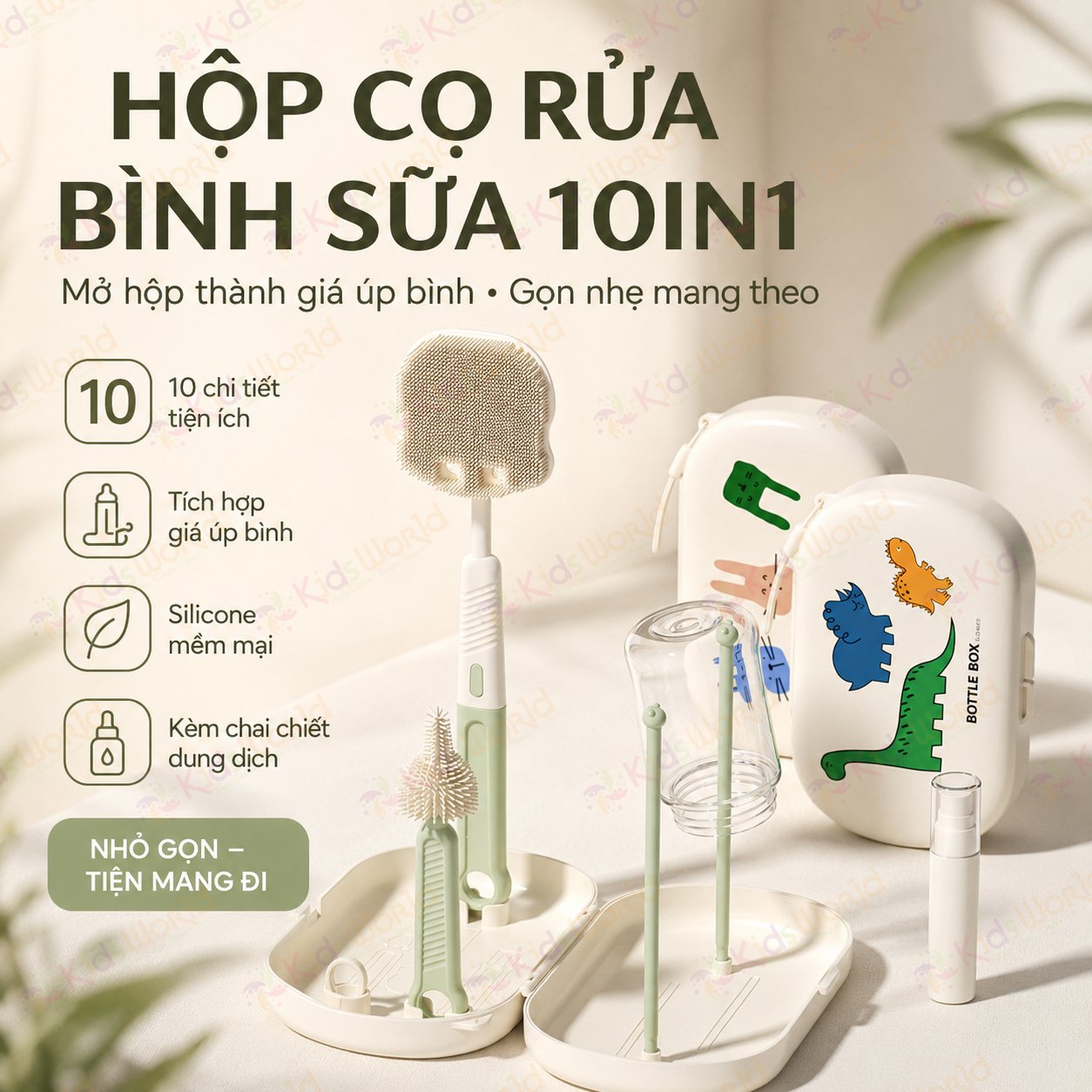 Hộp cọ rửa bình sữa 10in1 silicone cao cấp đa năng, tiện mang theo, tặng kèm chai chiết nước rửa bình, dùng cho bình sữa,núm ti, ống hút,cốc tập uống