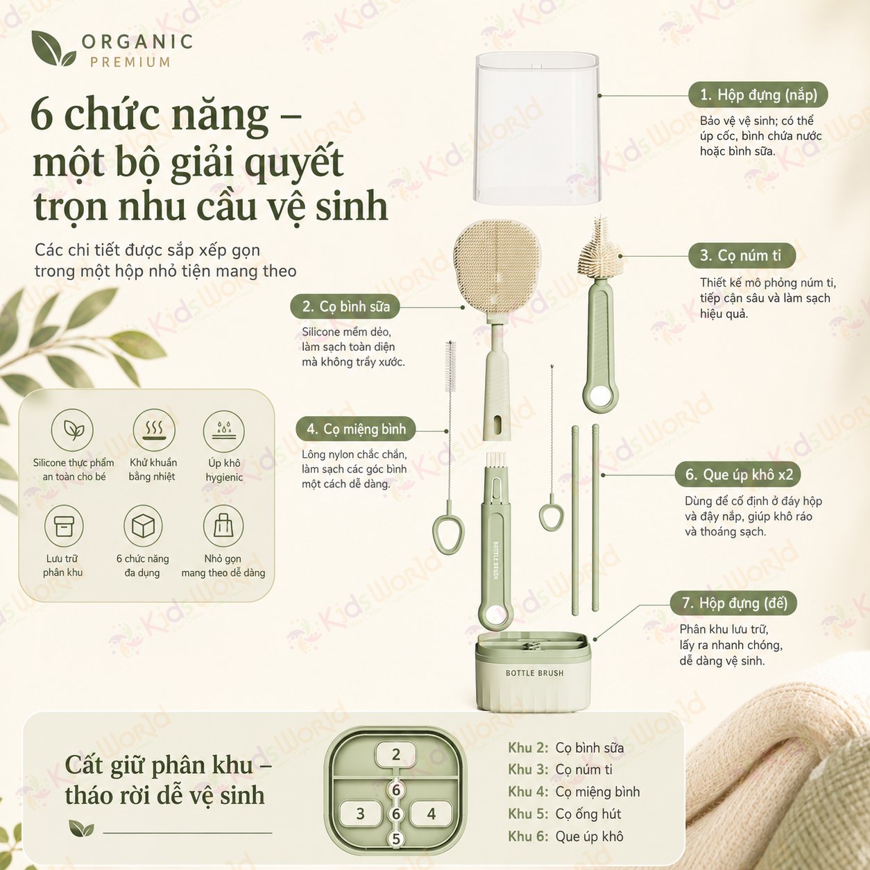 Hộp cọ rửa bình sữa silicone 6in1 gấp gọn tiện mang theo, bộ cọ vệ sinh bình sữa đa năng dùng cho bình sữa, núm ti, ống hút, miệng cốc