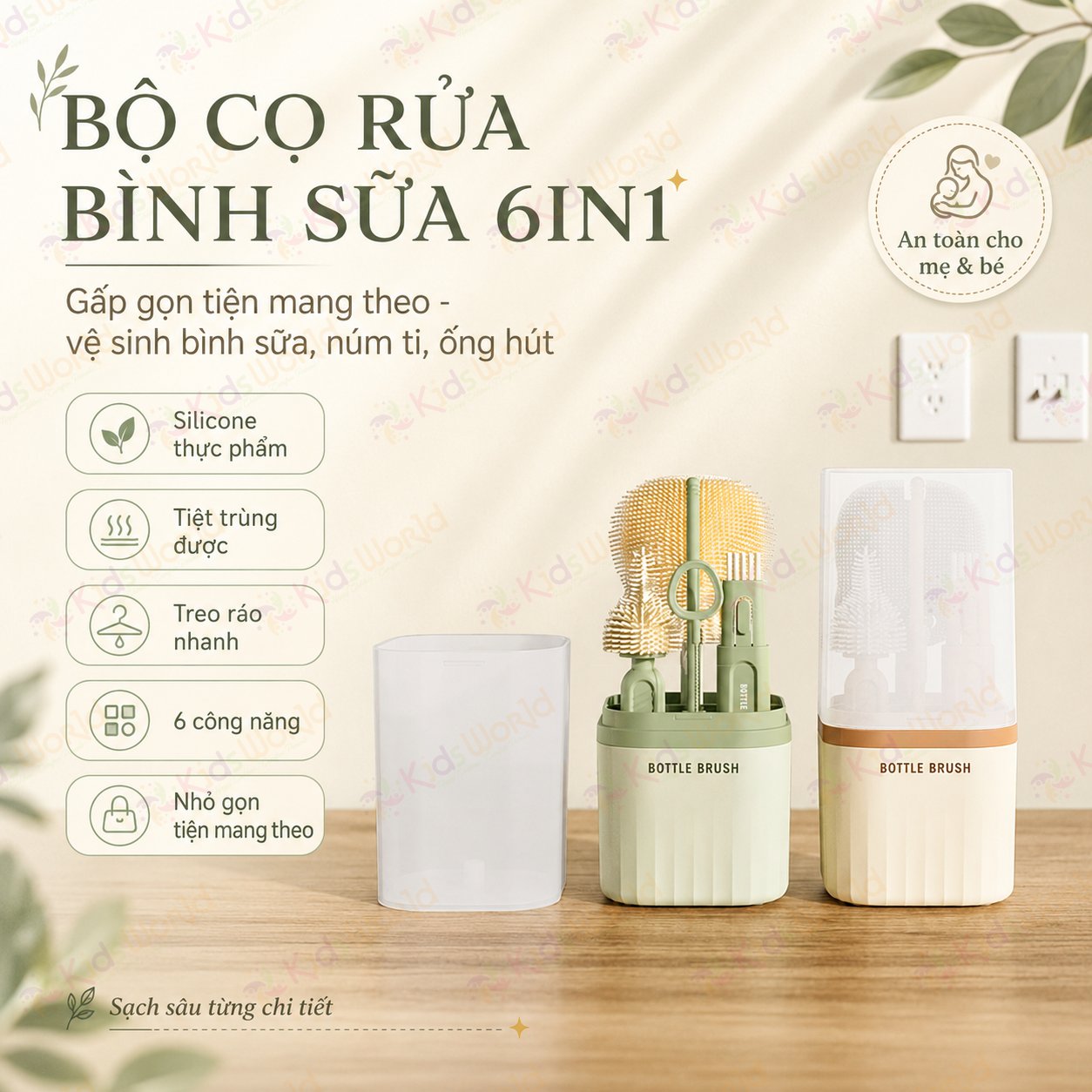 Hộp cọ rửa bình sữa silicone 6in1 gấp gọn tiện mang theo, bộ cọ vệ sinh bình sữa đa năng dùng cho bình sữa, núm ti, ống hút, miệng cốc