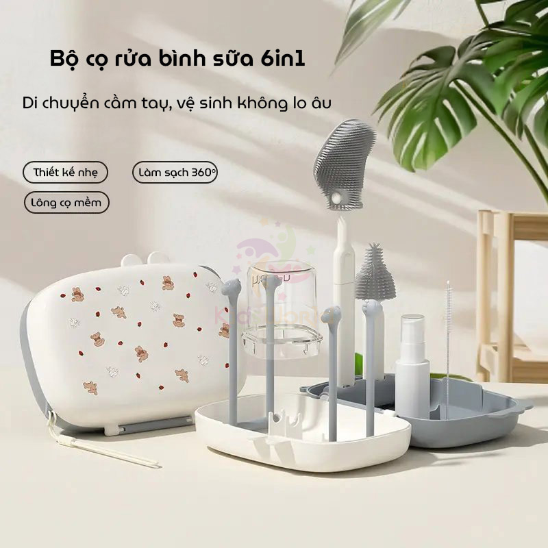 Hộp cọ rửa vệ sinh bình sữa Youkebei 6in1 hình chú cún chất liệu silicon cao cấp nhỏ gọn tiện lợi cho mẹ và bé