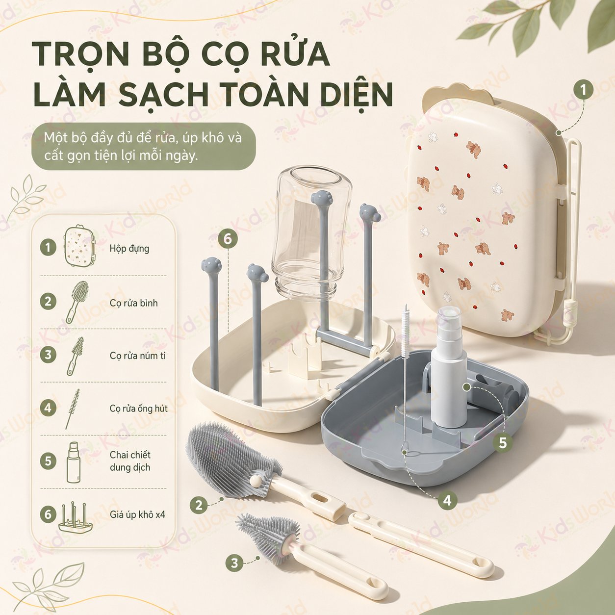 Hộp cọ rửa vệ sinh bình sữa Youkebei 6in1 hình chú cún chất liệu silicon cao cấp nhỏ gọn tiện lợi cho mẹ và bé
