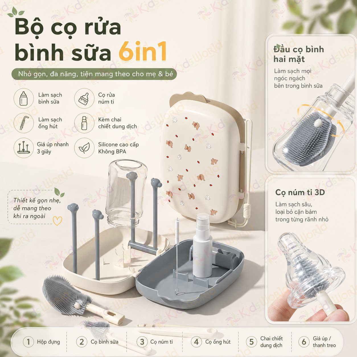 Hộp cọ rửa vệ sinh bình sữa Youkebei 6in1 hình chú cún chất liệu silicon cao cấp nhỏ gọn tiện lợi cho mẹ và bé