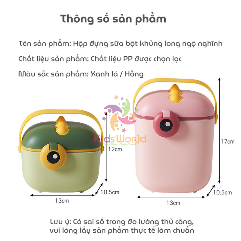 Hộp đựng sữa bột cho bé KidsWorld hình khủng long, hộp chia sữa bột đồ ăn khô cho bé có thể tiệt trùng