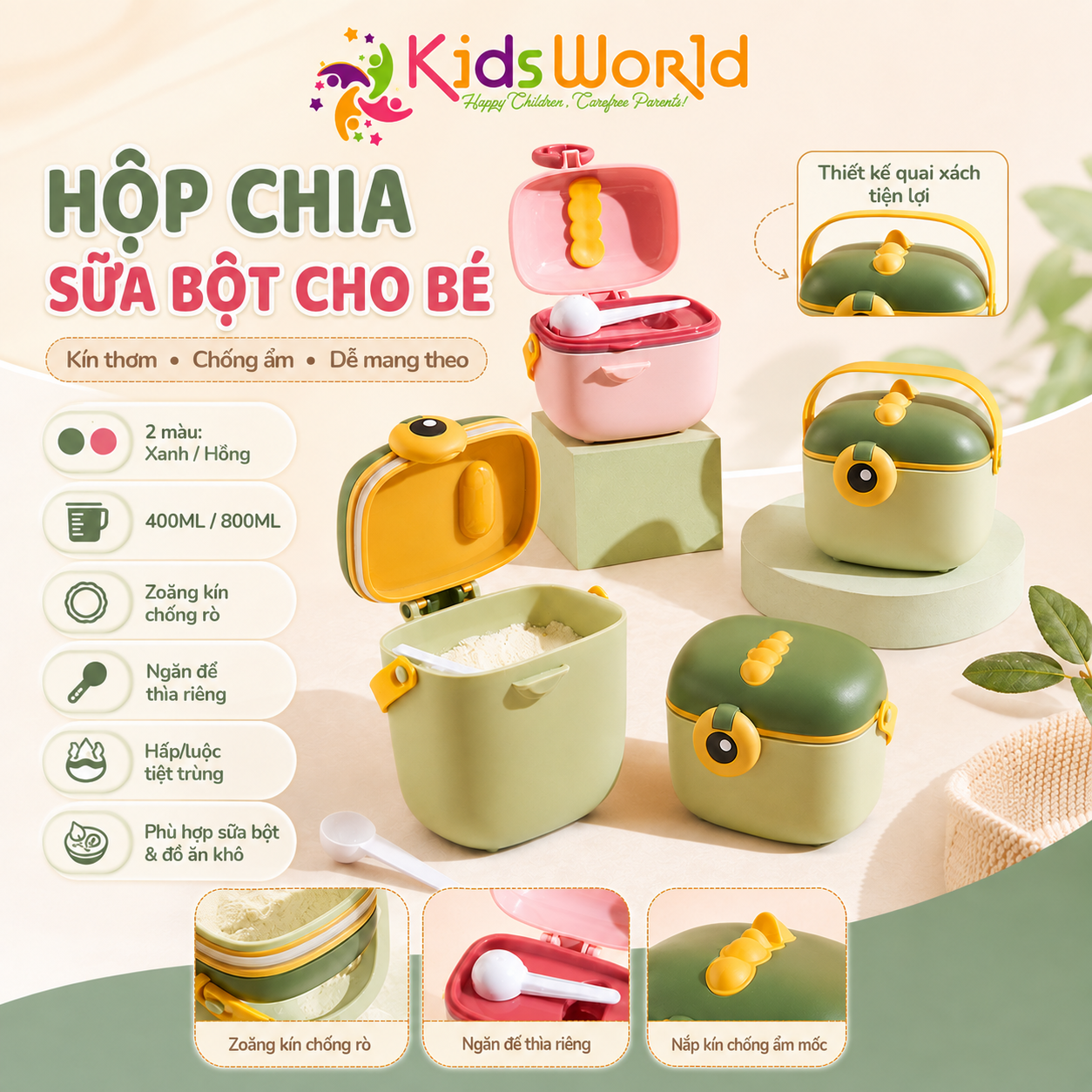 Hộp đựng sữa bột cho bé hình khủng long, hộp chia sữa bột đồ ăn khô cho bé có thể tiệt trùng