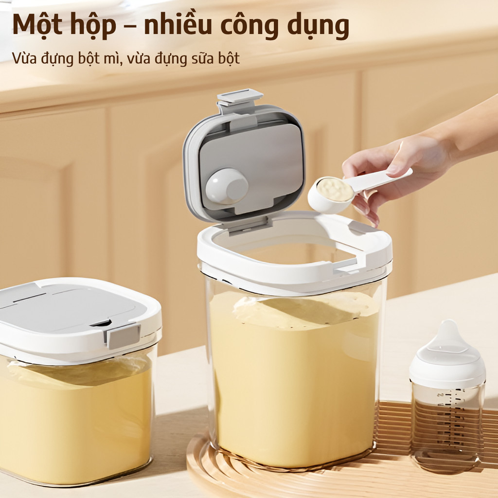 Hộp đựng sữa bột cho bé, hộp trữ sữa bột chống ẩm, chống côn trùng bảo quản chân không tặng kèm muỗng