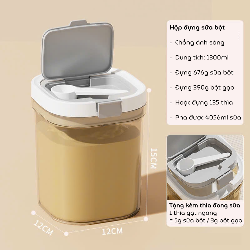 Hộp đựng sữa bột cho bé, hộp trữ sữa bột chống ẩm, chống côn trùng bảo quản chân không tặng kèm muỗng