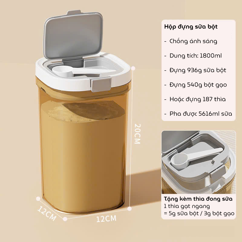 Hộp đựng sữa bột cho bé, hộp trữ sữa bột chống ẩm, chống côn trùng bảo quản chân không tặng kèm muỗng